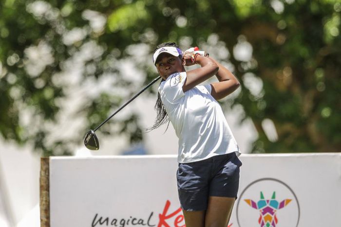 Naomi Wafula tee off from first tee on February 10th 2022 during Magical Kenya Ladies Open Day One at Vipingo Ridge, in Kilifi