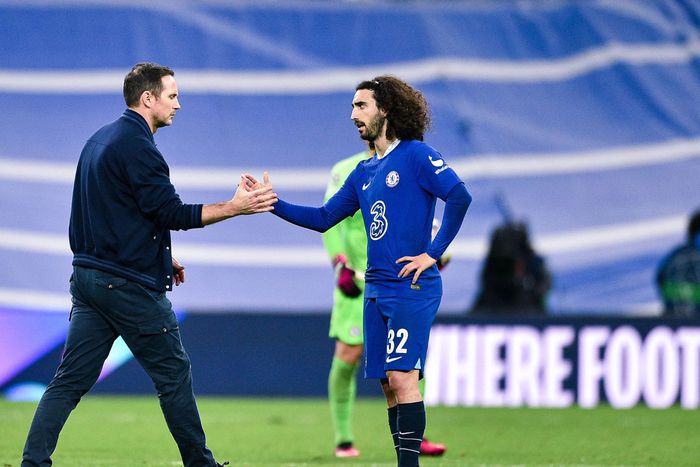 Frank Lampard and Marc Cucurella of Chelsea at Santiago Bernabeu.
