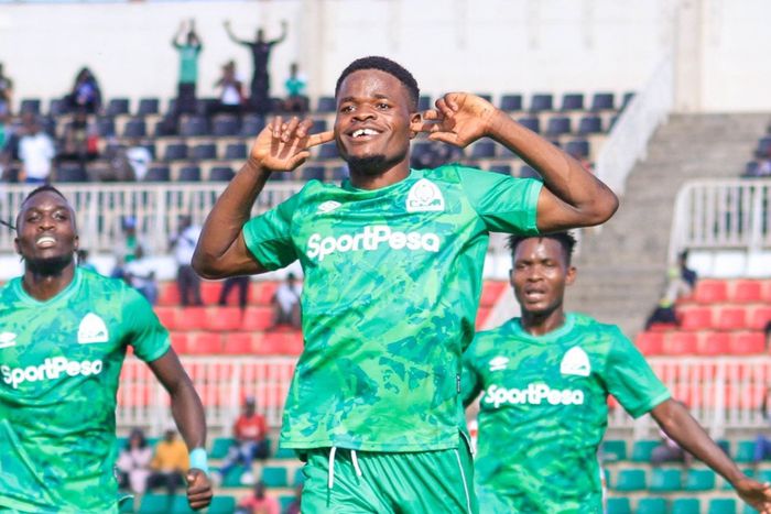 Gor Mahia striker Benson Omala celebrates Premier League goal.