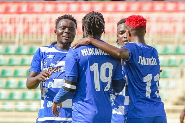 Eugene Mukangula and Peter Thiong'o lead AFC Leopards in goal celebrations.