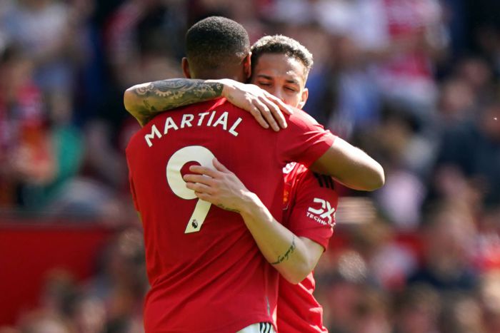 Anthony Martial celebrates Manchester United goal vs Wolves.