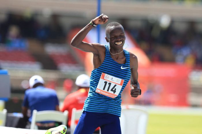 Daniel Simiu celebrates victory at the 2023 Kip Keino Classic.