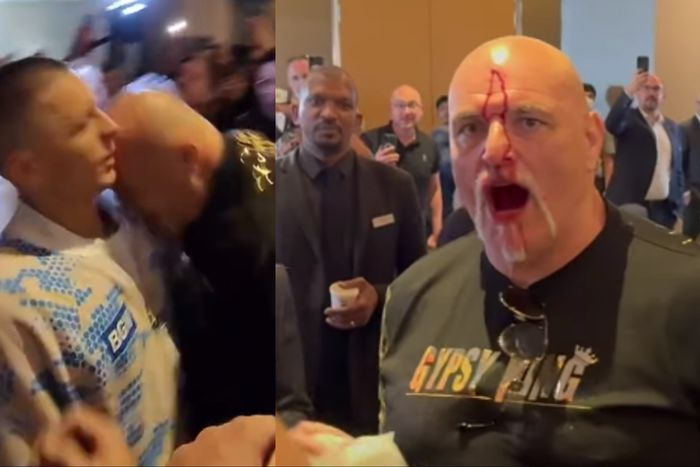 Blood flows as John Fury father of Tyson Fury father headbutts Oleksandr Usyk's team member in clash.