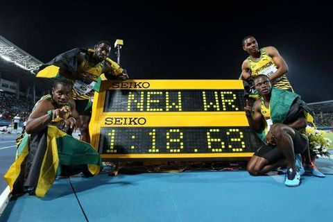 Nickel Ashmeade, Warren Weir, Jermaine Brown, Yohan Blake hold the 4x200m world record from the 2014 IAAF World Relays.
