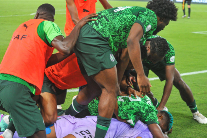Terem Moffi and Stanley Nwabali of Nigeria during the TotalEnergies Caf Africa Cup of Nations (Afcon 2023) Semi Final match between Nigeria and South Africa at Stade de la Paix on February 7, 2024 in Bouake, Cote d Ivore. Photo by Segun Ogunfeyitimi
