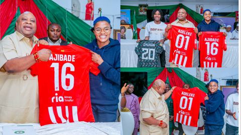 Super Falcons: Ajibade, Imuran gift Osun State Governor Adeleke jerseys