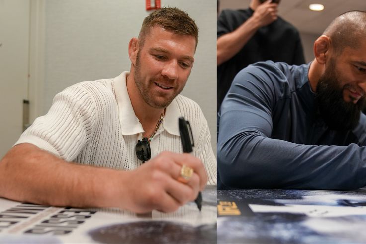 There is no bad blood yet ahead of UFC 319 as Dricus Du Plessis and Khamzat Chimaev shake hands.