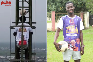 No be juju be this? - Nigerians react as man climbs radio mast with football on his head