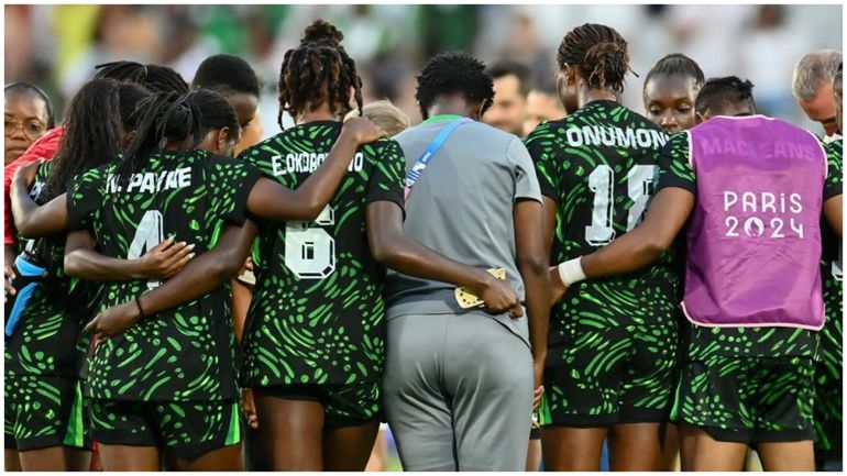 Super Falcons players in a huddle at the Olympic Games in Paris | X