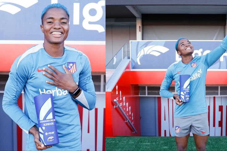 Jesus baby Super Falcons of Nigeria captain Rasheedat Ajibade celebrates Player of the Month award thanking God.