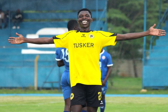 Joseph Mwangi of Tusker FC celebrates a goal against Nairobi City Stars.
