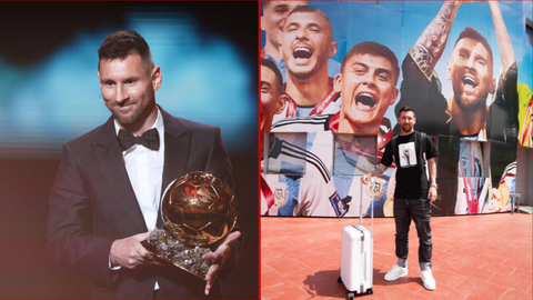 Lionel Messi poses in front of giant World Cup art ahead of Brazil and Uruguay clashes