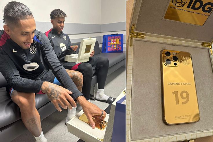 Raphinha gifts Lamine Yamal with £10,000 custom-made gold iPhone to celebrate Kopa Trophy