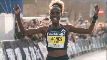 Agnes Ngetich reacts after breaking the 10km world record in Valencia