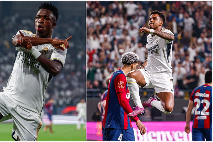 Vini and Rodrygo celebrate against Barcelona.
