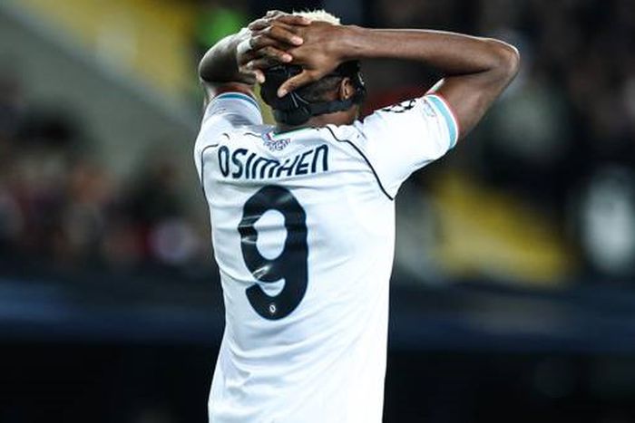 Victor Osimhen reacts against Barcelona in the UCL.