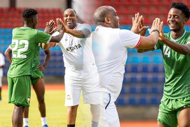 Harambee Stars coach Benni McCarthy with Rising Stars players Kelly Madada (L) and Manzur Okwaro (R). (Credit: FKF)