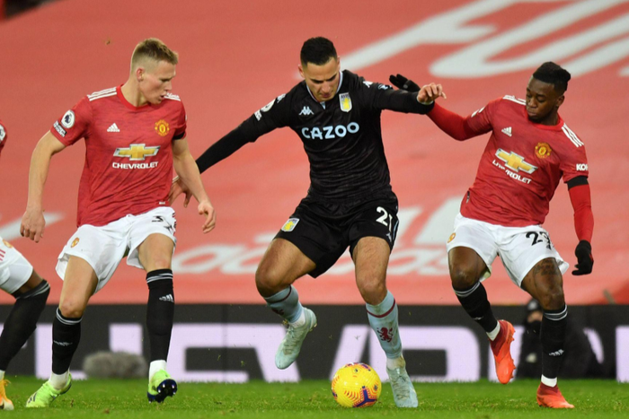 Manchester United players tackling Aston Villa's Anwar El Ghazi
