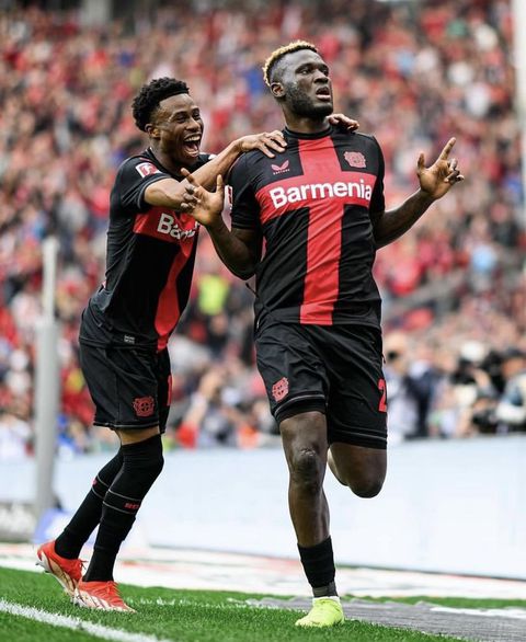 Victor Boniface (R) and Nathan Tella celebrate after Super Eagles striker opens scoring against Werder Bremen