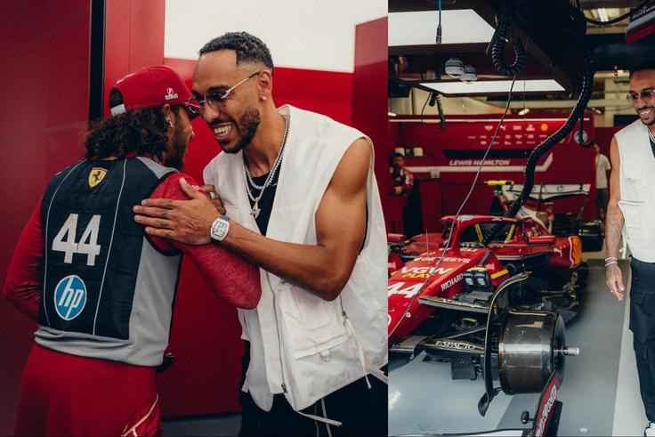 Pierre-Emerick Aubameyang Teams Up with Scuderia Ferrari Star Lewis Hamilton at Formula 1 Bahrain Grand Prix.