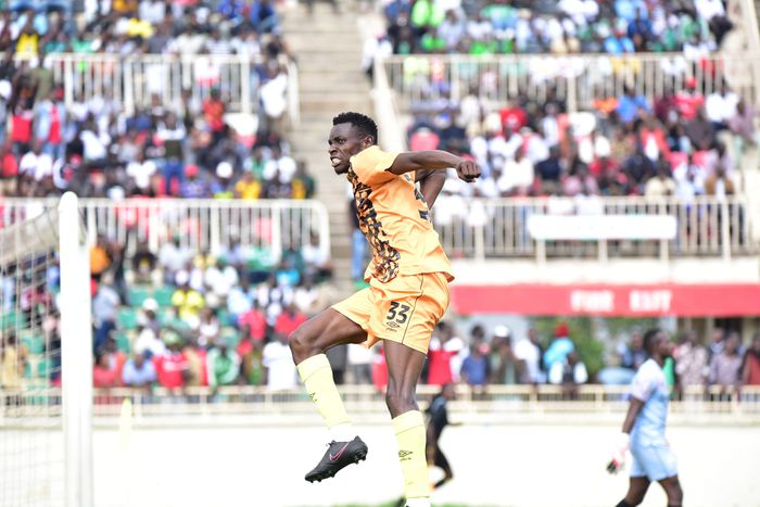 Victor Omune of AFC Leopards celebrates scoring against Gor Mahia.