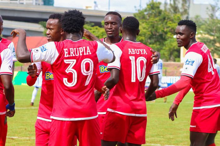 Kenya Police FC players celebrate a a goal.