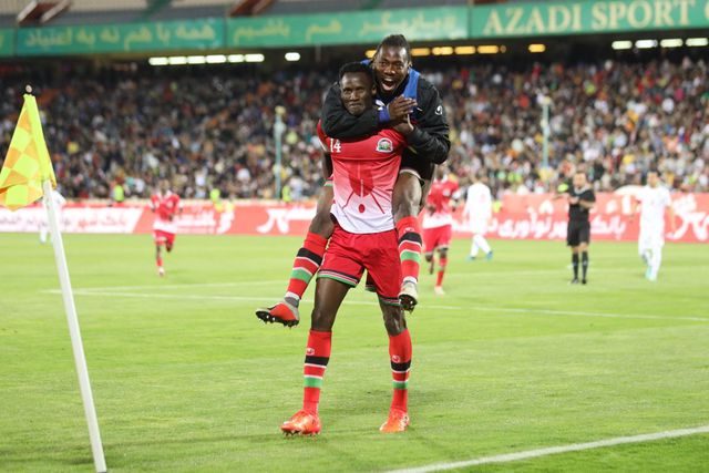 Harambee Stars captain Michael Olunga celebrates a goal during a past match.