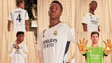 Vinicius, Alaba model 'gold' Real Madrid home kit for 2023/24 season