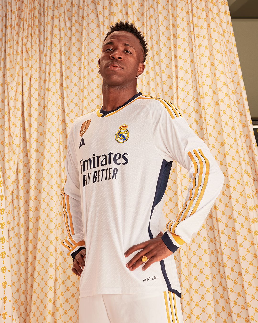 Vinicius, Alaba model 'gold' Real Madrid home kit for 2023/24