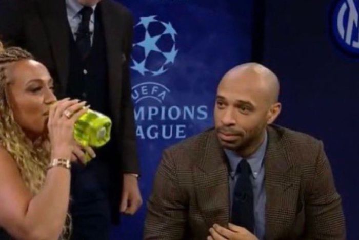 TV presenter Kate Abdo and Arsenal legend Thierry Henry during CBS Sports Champions League coverage.
