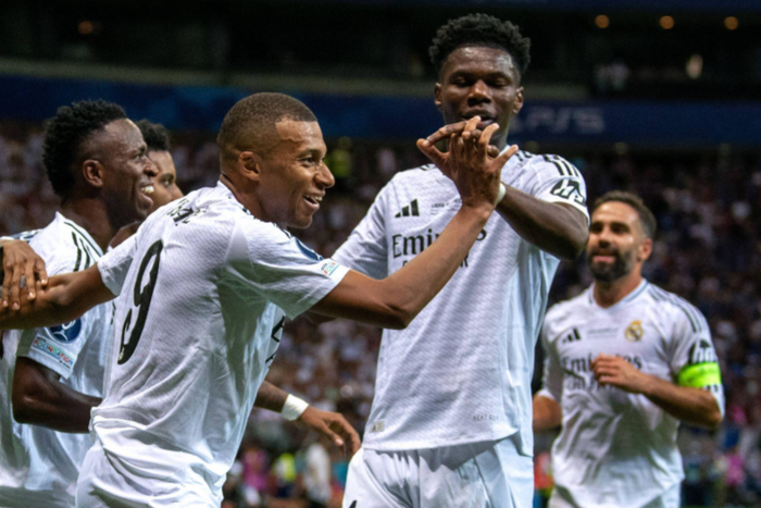 Real Madrid players celebrate Kylian Mbappe's goal || Image credit: Imago