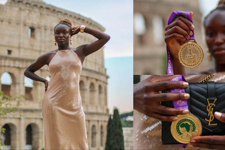 The Coliseum is the stage as Super Falcons of Nigeria star Rinsola Babajide shows off her WAFCON gold medal in Rome.
