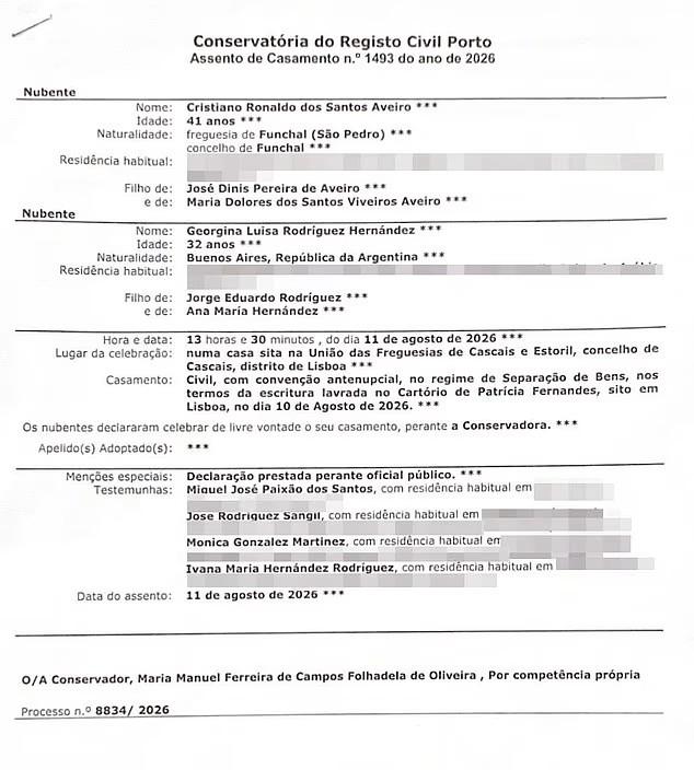 A copy of Ronaldo and Georgina's wedding certificate | Daily Mail