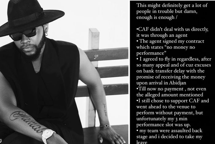 In a statement posted to his Instagram page, Kizz Daniel made this disclosure and said the show's organizers used the pretext of a "bank transaction delay" as an explanation ahead of the CAF AFCON draw. Instagram/Kizz Daniel