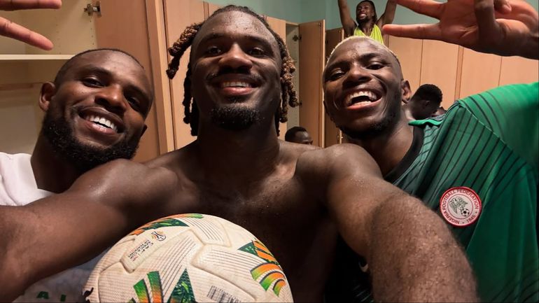 Victor Osimhen celebrates hat trick for the Super Eagles of Nigeria in a 4-0 win against the Benin Republic with the match ball.