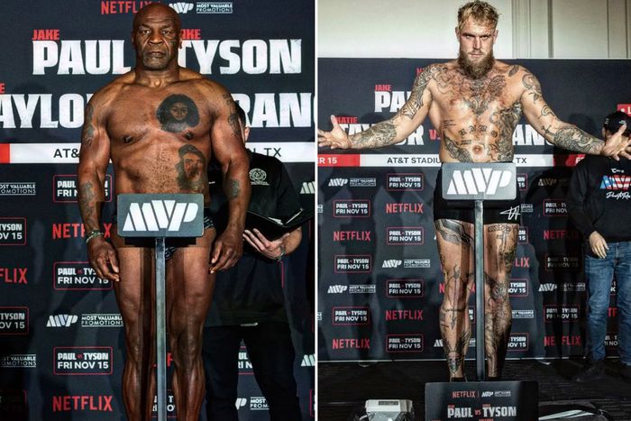 Mike Tyson looks bigger than Jake Paul as they weigh in for the mega fight.