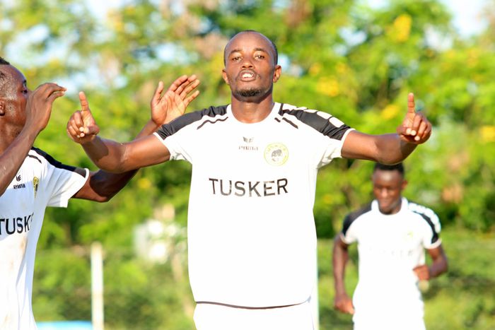 Tusker FC striker Eric Kapaito celebrates a goal.