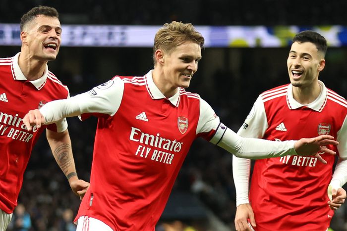 Arsenal's Martin Odegaard celebrates after scoring their second goal