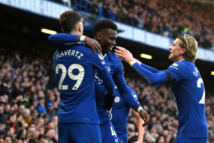 Kai Havertz celebrates with teammates after scoring for Chelsea against Crystal Palace