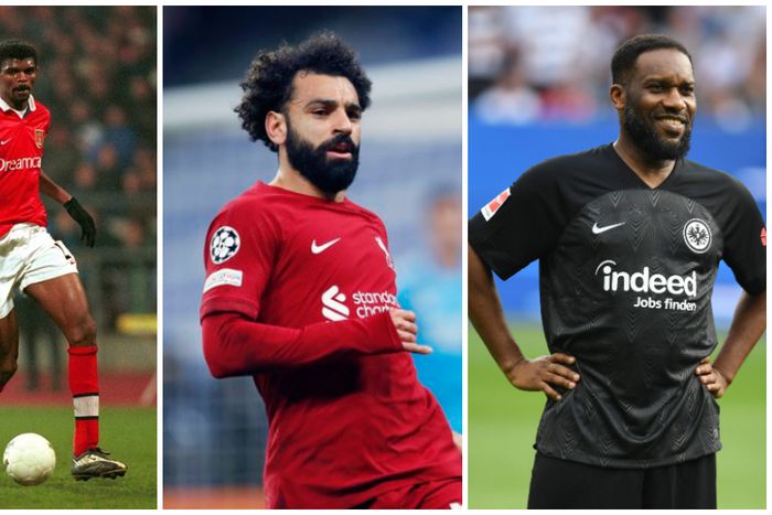 Kanu Nwankwo (left), Mo Salah (centre), and Jay Jay Okocha (right).