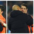 Pep Guardiola grabs his goalkeeper by the scruff