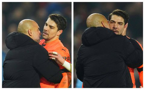 Pep Guardiola grabs his goalkeeper by the scruff following two goals slip against Brentford