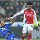 Ethan Nwaneri in full flight against Leicester City.