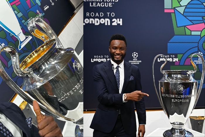 Super Eagles midfielder Mikel Obi celebrates Champions League draw participation.