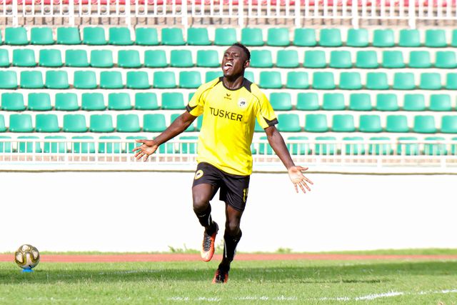 Shapan Opiyo celebrates his goal against Kenya Police