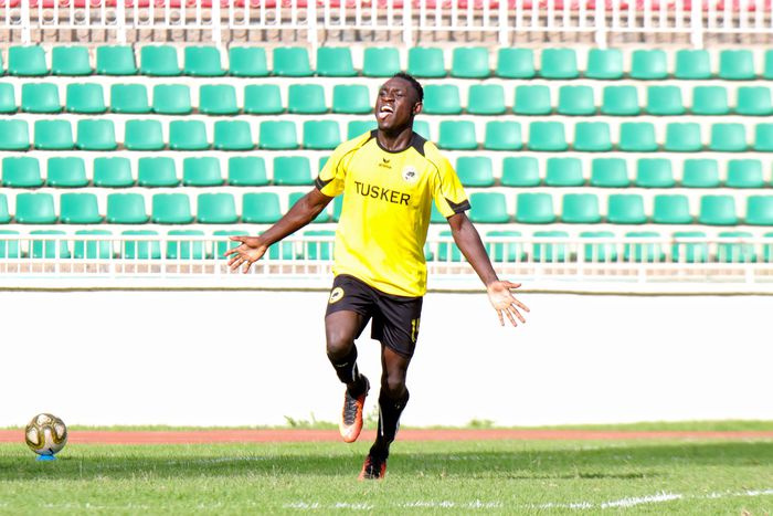 Shapan Opiyo celebrates his goal against Kenya Police