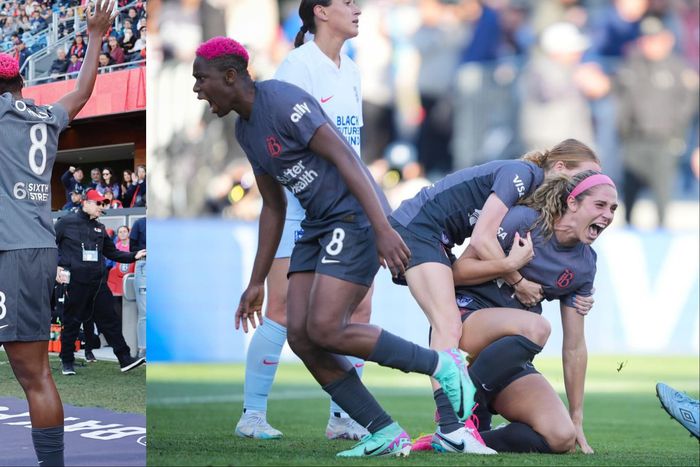 Super Falcons of Nigeria star Asisat Oshoala celebrates as Bay FC defeats the Seattle Reign.