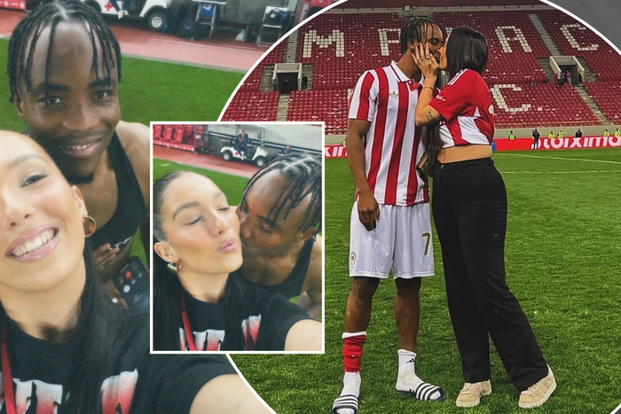 Super Eagles star Bruno Onyemaechi kisses girlfriend Inês Fontes to celebrate Greek Super League title with Olympiacos