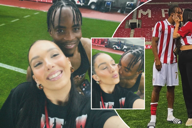 Super Eagles star Bruno Onyemaechi kisses girlfriend Inês Fontes to celebrate Greek Super League title with Olympiacos