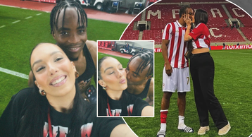 Super Eagles star Bruno Onyemaechi kisses girlfriend Inês Fontes to celebrate Greek Super League title with Olympiacos